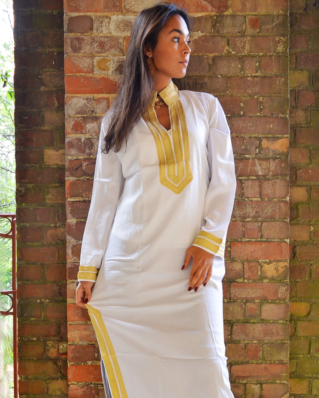 Gandoura – Robe Kaftan Blanche Chic à Manches Longues