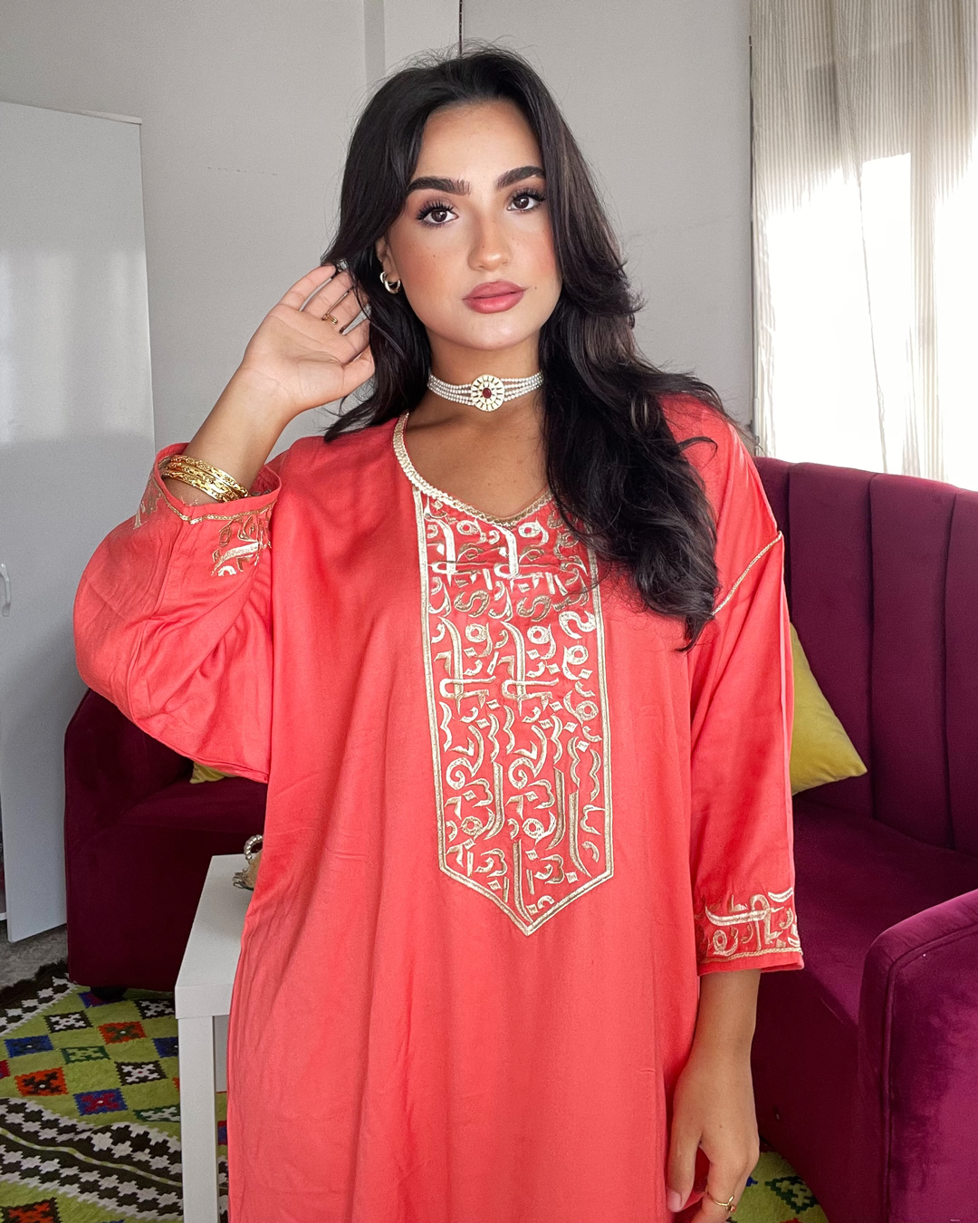 Gandoura – Robe Arabica Saumon avec Broderie Dorée