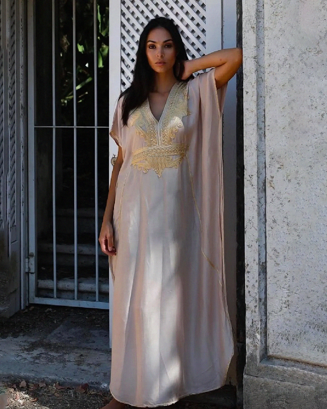 Beige Gandoura – Chic Moroccan Kaftan Dress with Golden Embroidery
