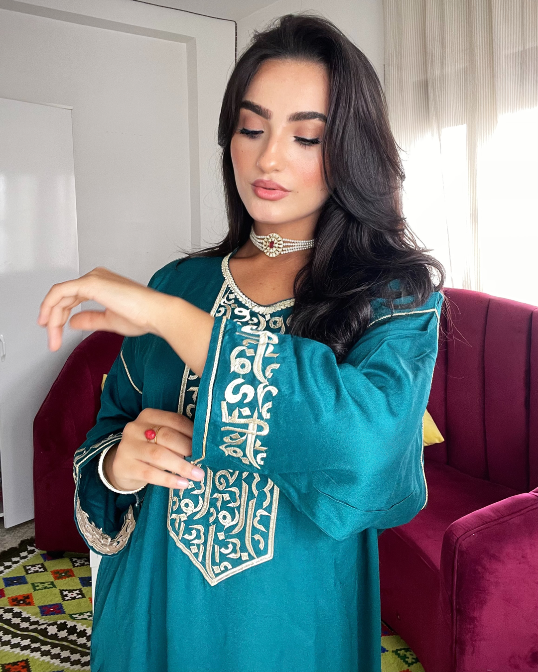 Gandoura – Robe Arabica Bleu Pétrole avec Broderie Dorée