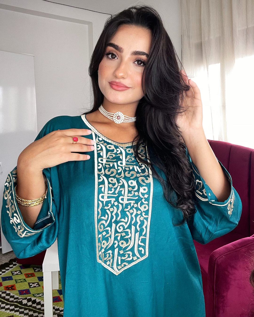 Gandoura – Robe Arabica Bleu Pétrole avec Broderie Dorée