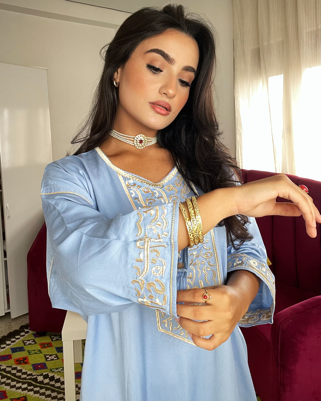 Gandoura – Robe Arabica Bleu Ciel avec Broderie Dorée