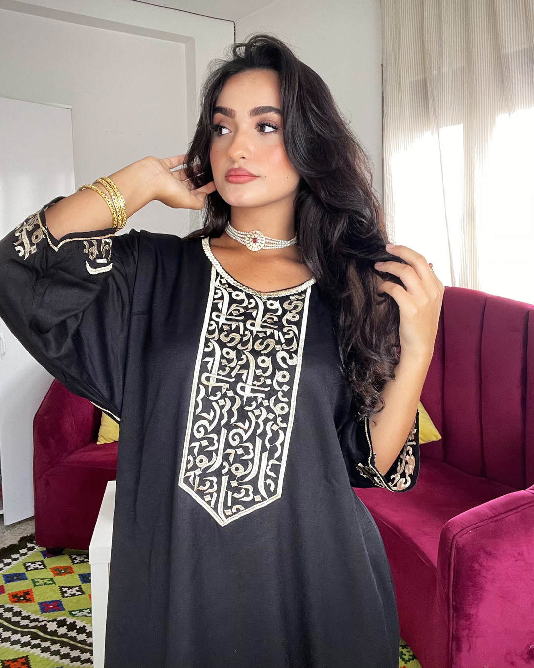 Gandoura – Robe Arabica Noire avec Broderie Dorée