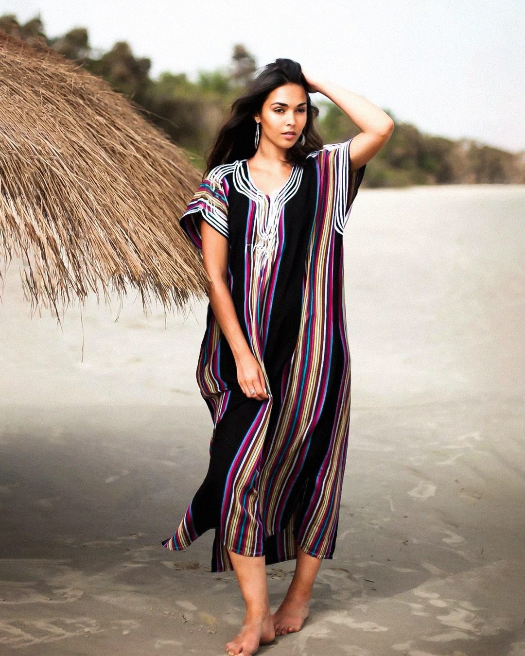 Gandoura – Robe Boho Noire à Rayures Multicolores