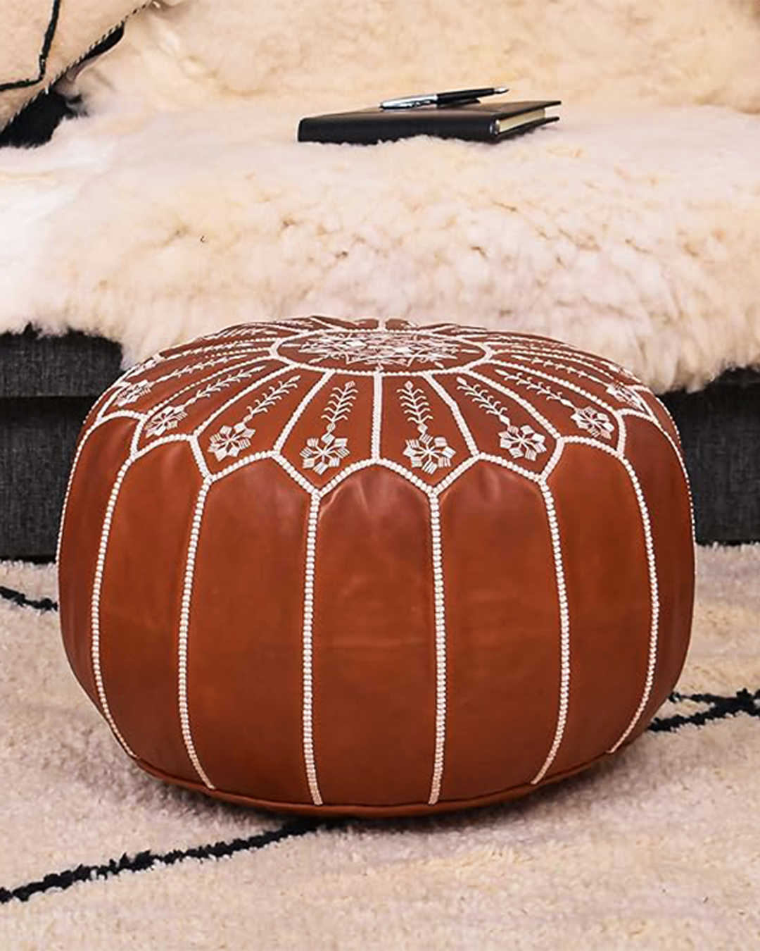 Moroccan Ottoman Leather Pouf Embroidered