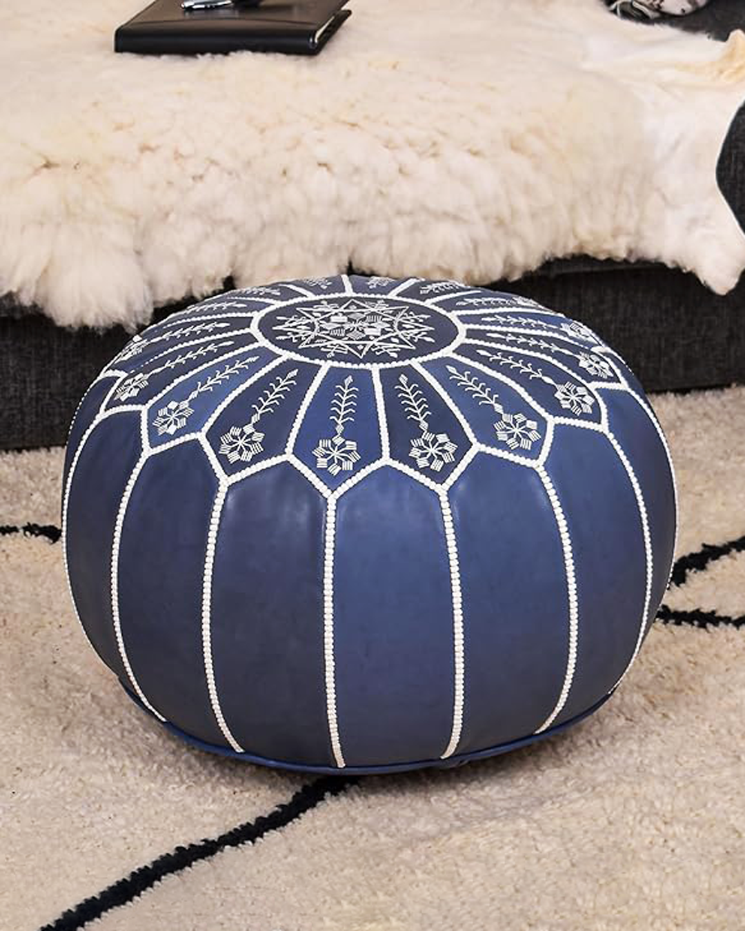 Moroccan Ottoman Leather Pouf Embroidered