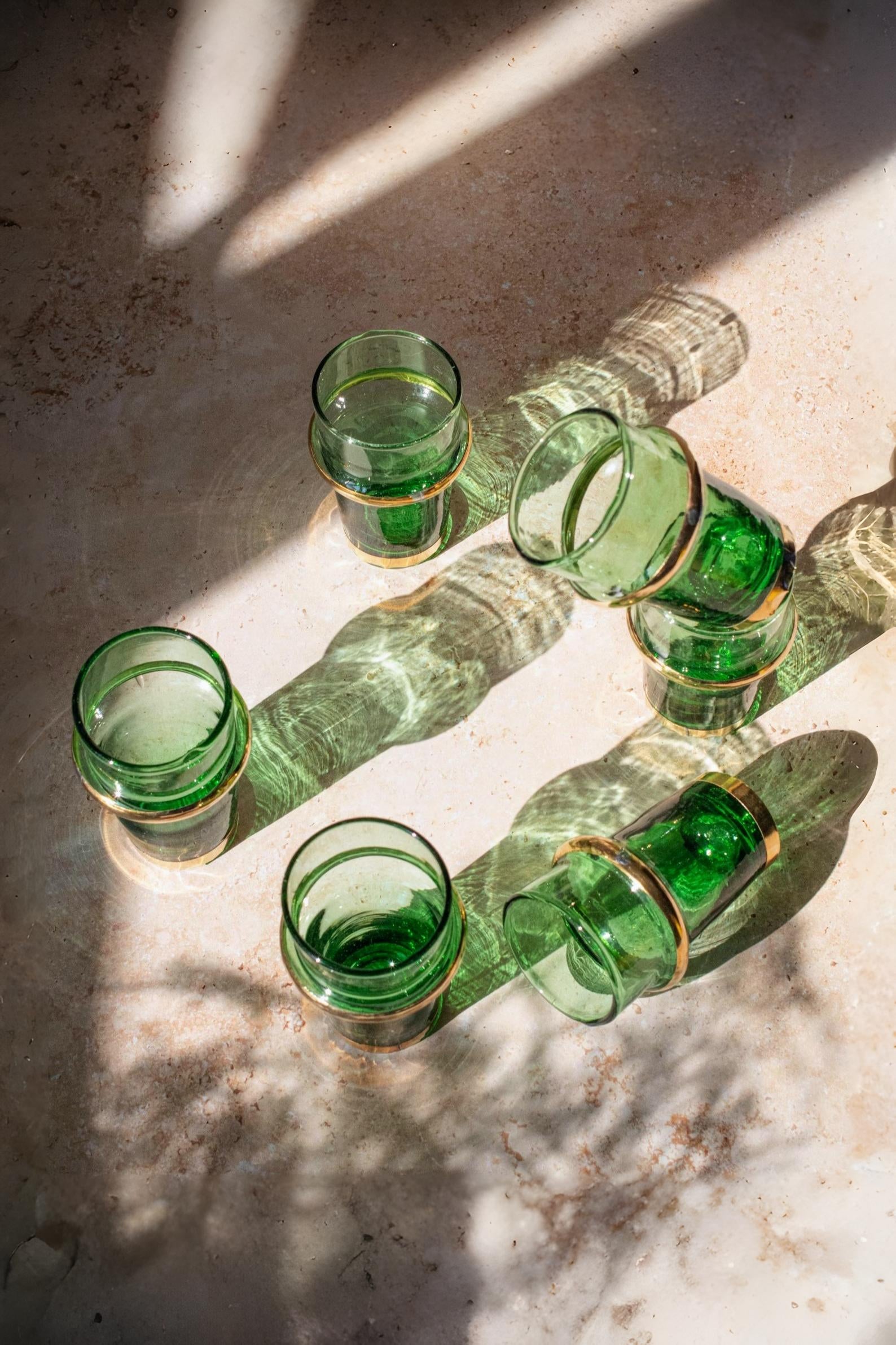 Set of 6 Beldi Green Glasses with Copper Accent
