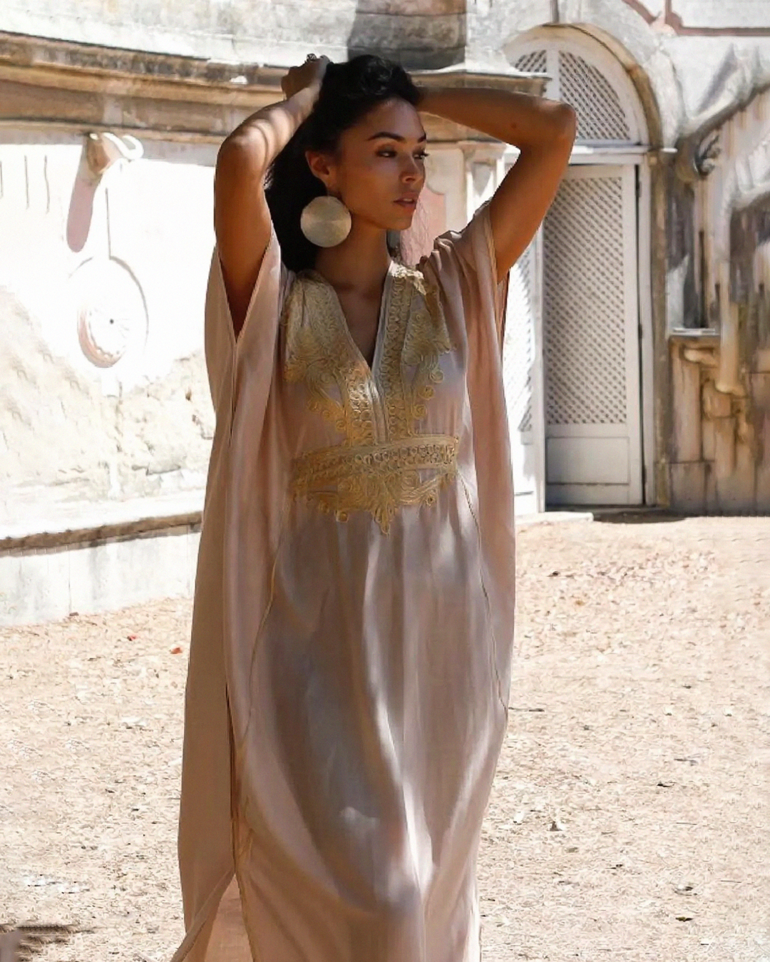 Beige Gandoura – Chic Moroccan Kaftan Dress with Golden Embroidery