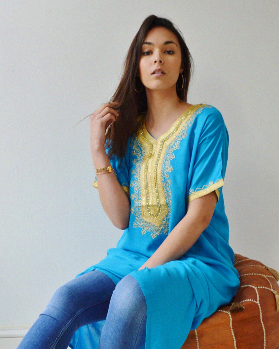 Gandoura – Blue Casual Kaftan with Gold Embroidery