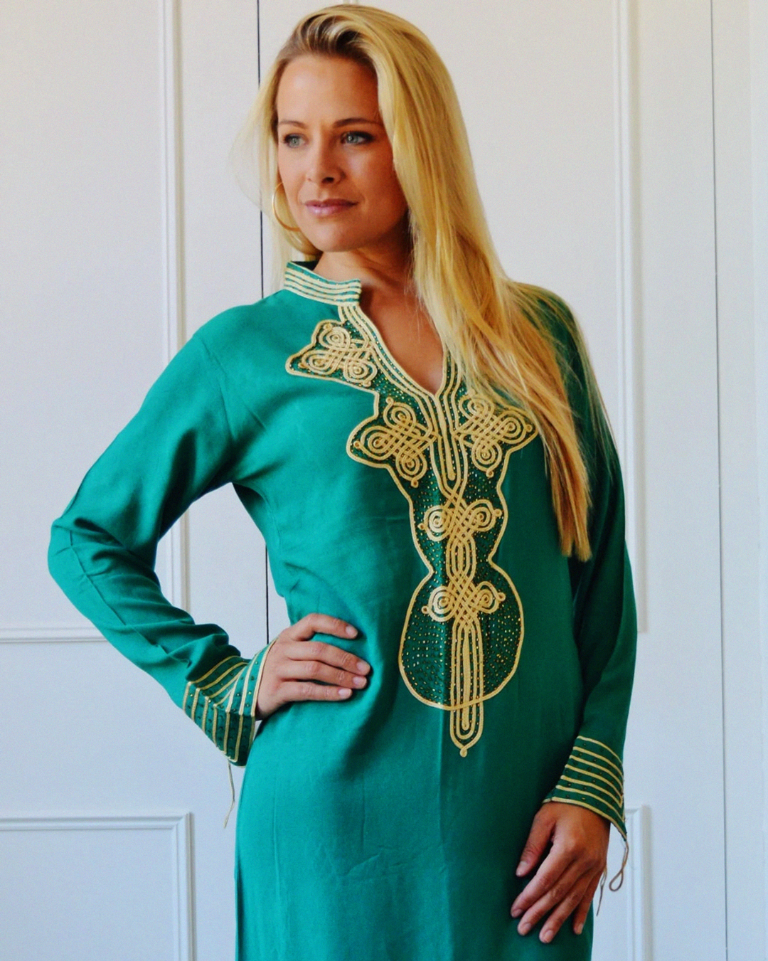 Gandoura Fatima Verte – Kaftan Marocain Bohème avec Broderies