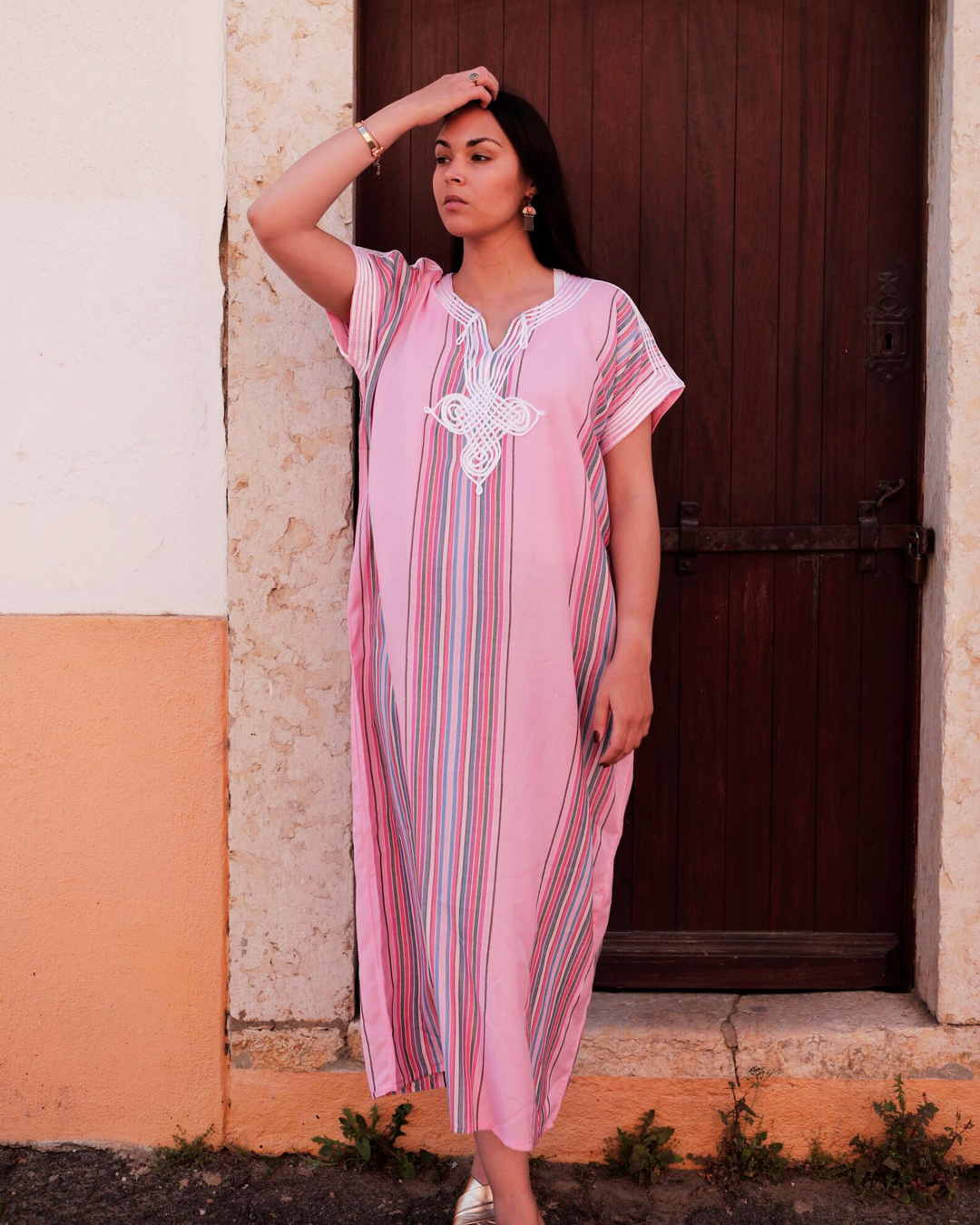 Gandoura – Pink Casual Summer Kaftan Dress with Striped Patterns