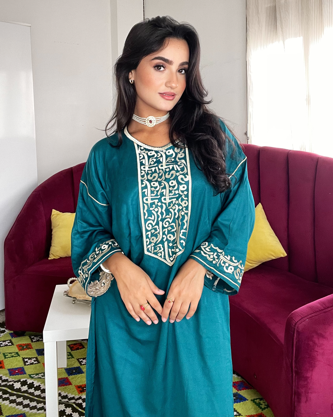 Gandoura – Robe Arabica Bleu Pétrole avec Broderie Dorée