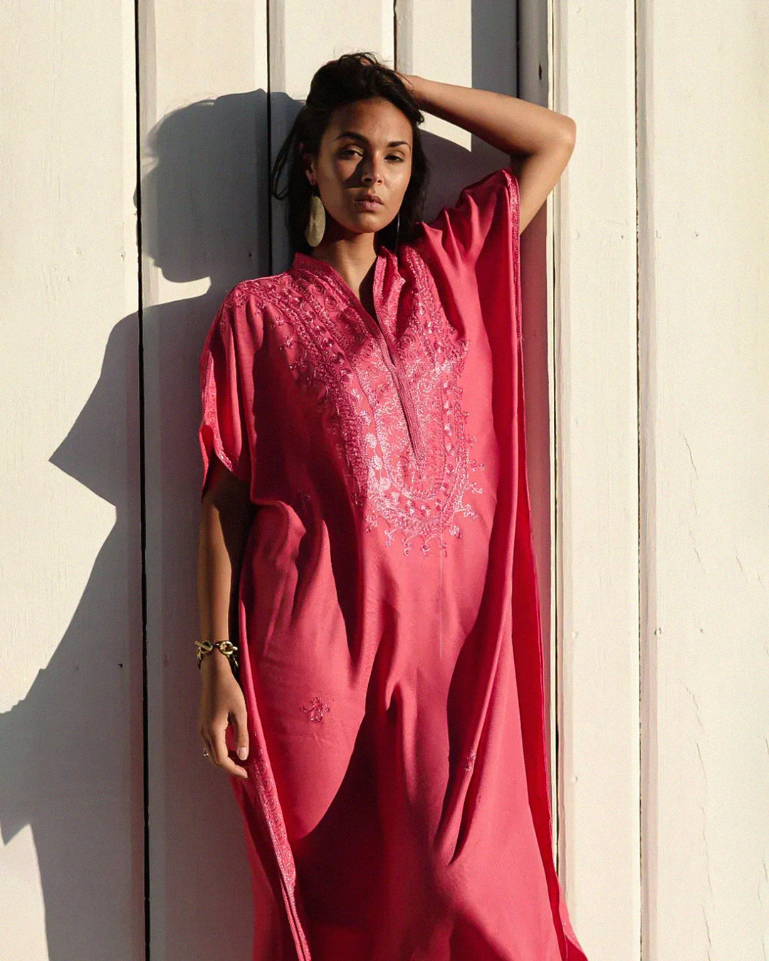 Gandoura – Pink Casual Berber Kaftan with Embroidery