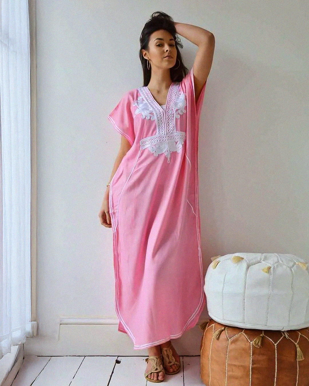 Gandoura – Pink Casual Kaftan with Embroidery