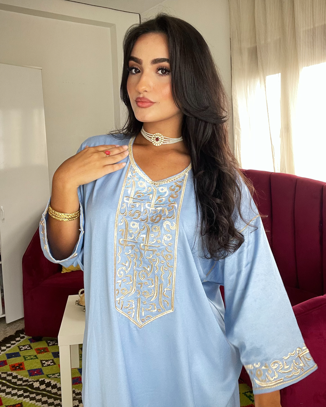 Gandoura – Robe Arabica Bleu Ciel avec Broderie Dorée