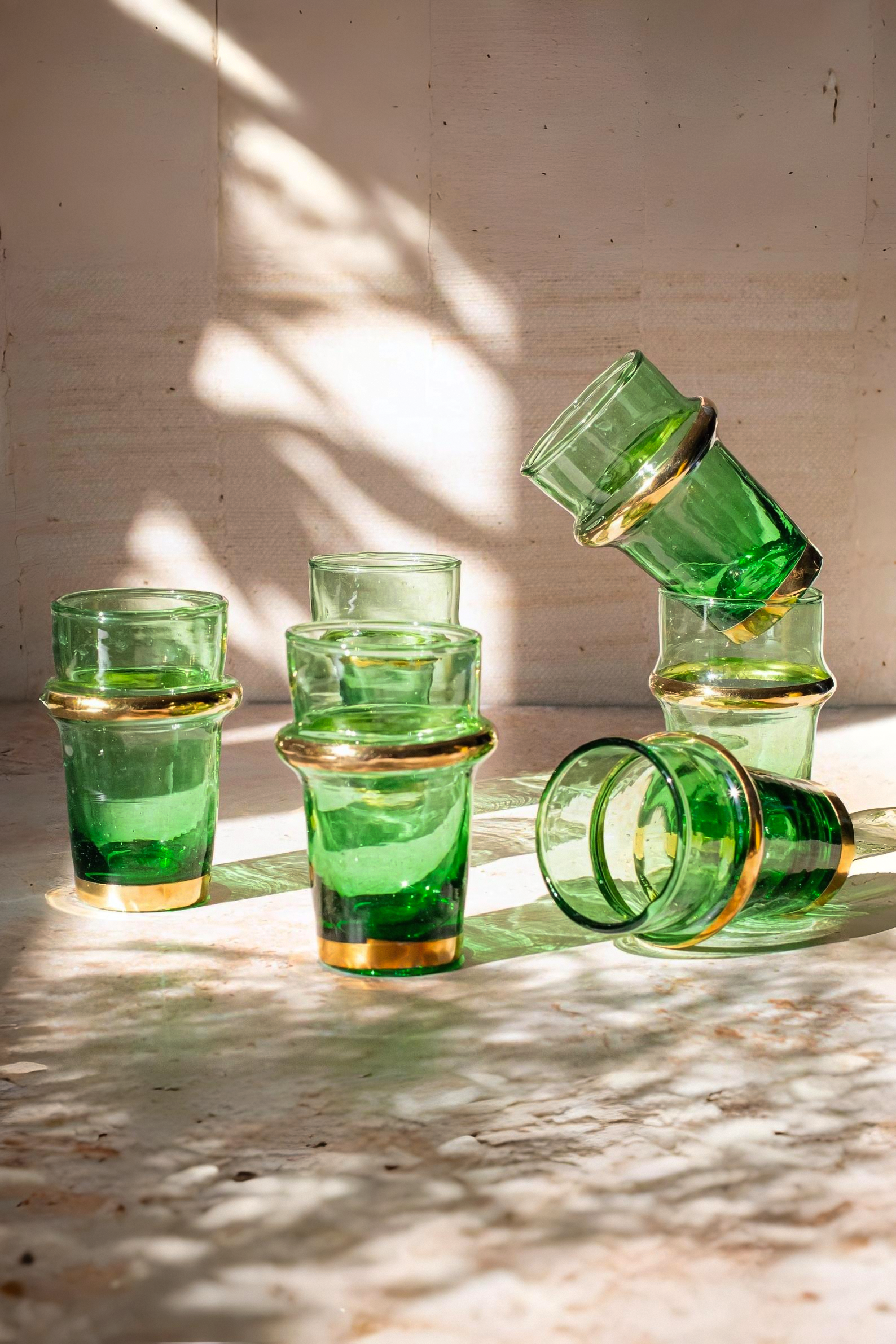Set of 6 Beldi Green Glasses with Copper Accent