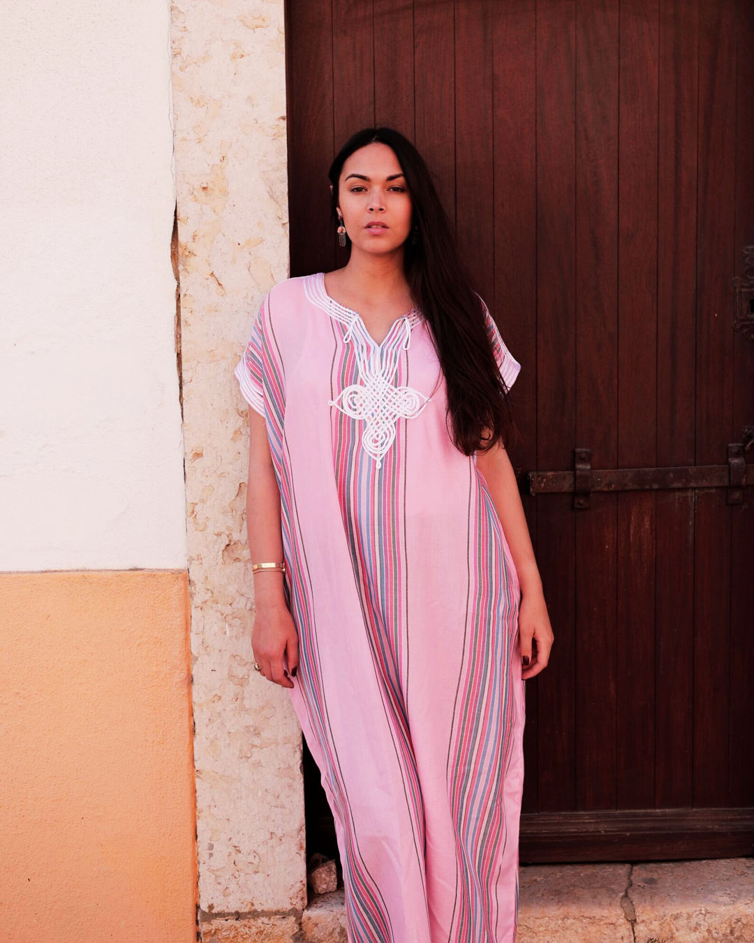 Gandoura – Pink Casual Summer Kaftan Dress with Striped Patterns