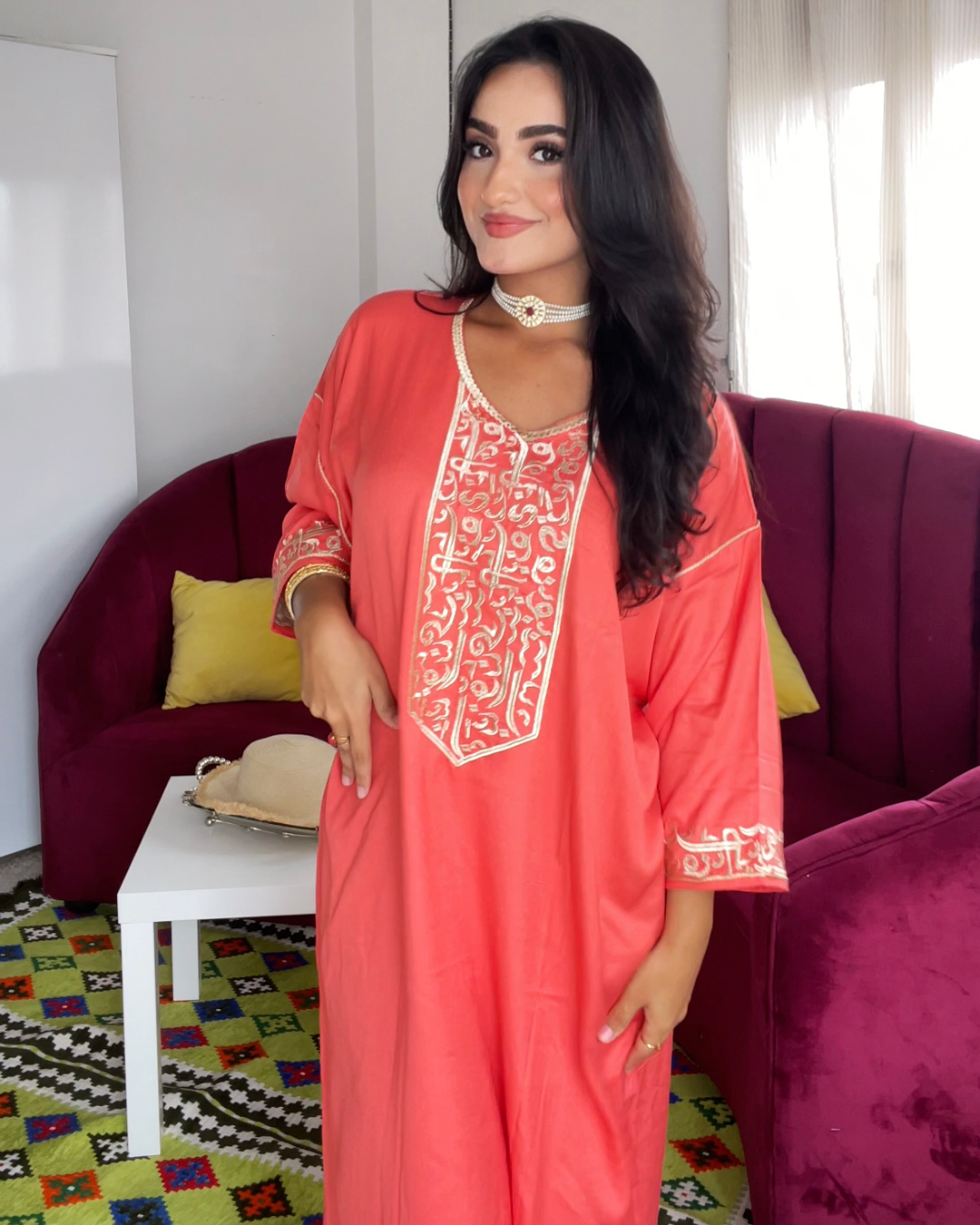 Gandoura – Robe Arabica Saumon avec Broderie Dorée