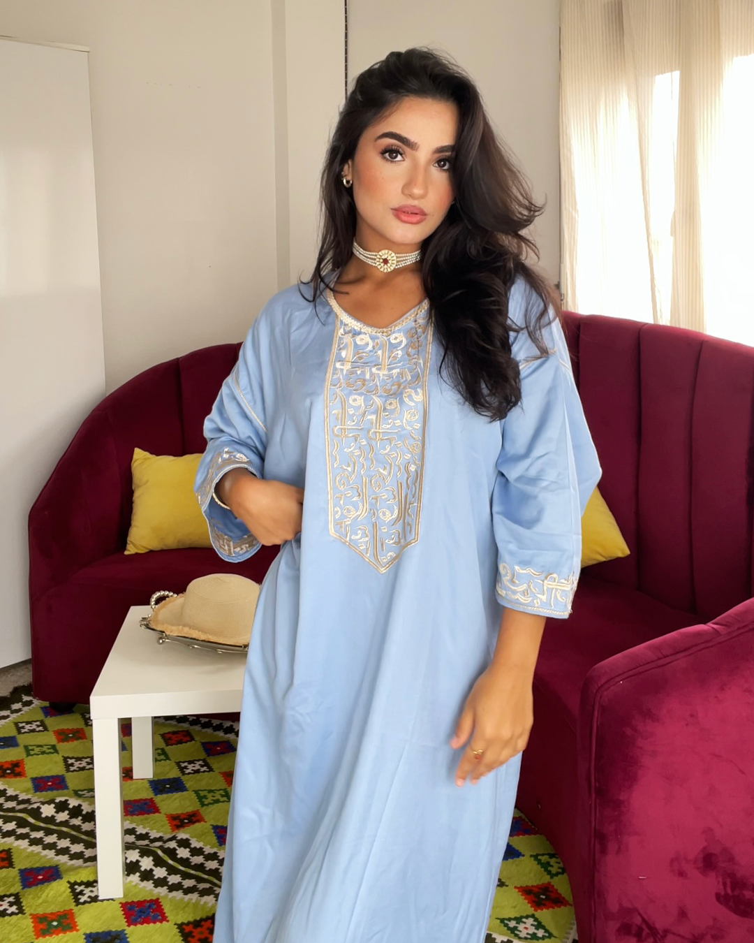 Gandoura – Robe Arabica Bleu Ciel avec Broderie Dorée