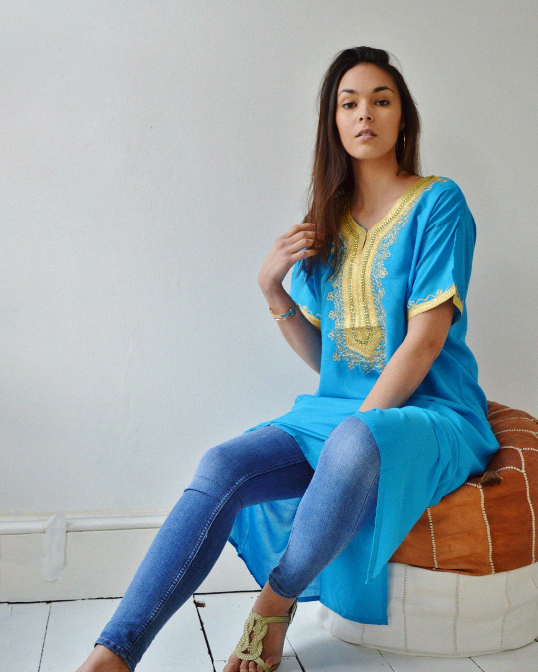 Gandoura – Blue Casual Kaftan with Gold Embroidery