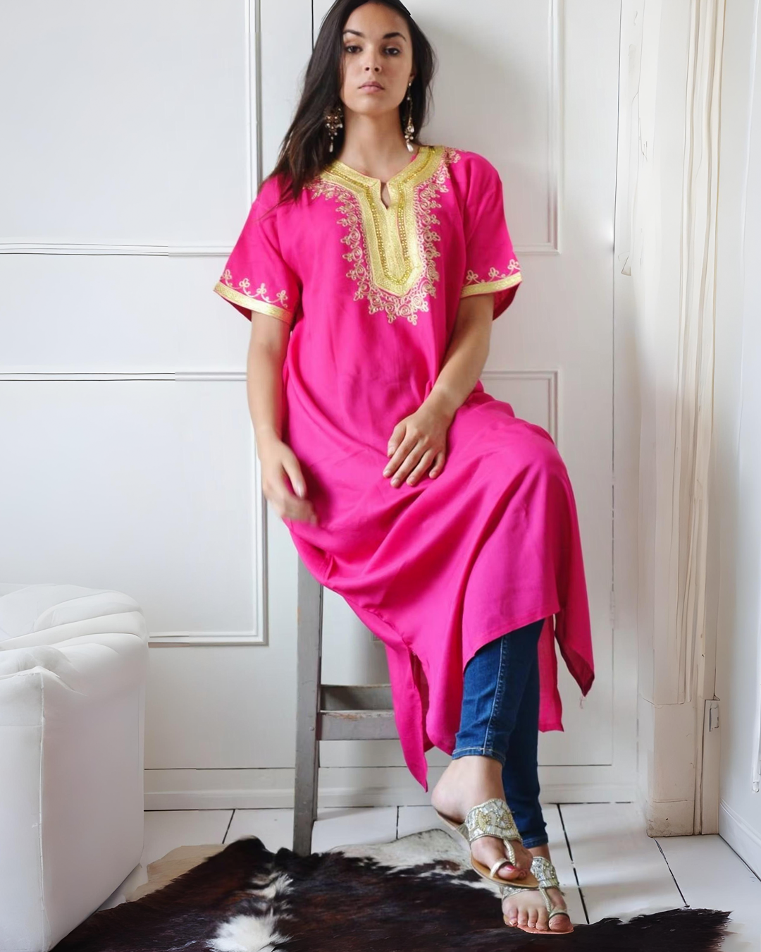 Gandoura – Rose Casual Kaftan with Gold Embroidery