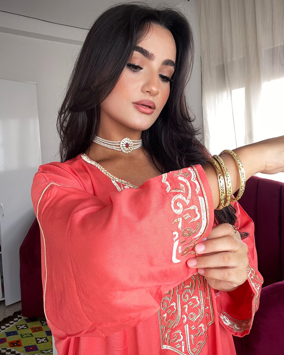 Gandoura – Robe Arabica Saumon avec Broderie Dorée
