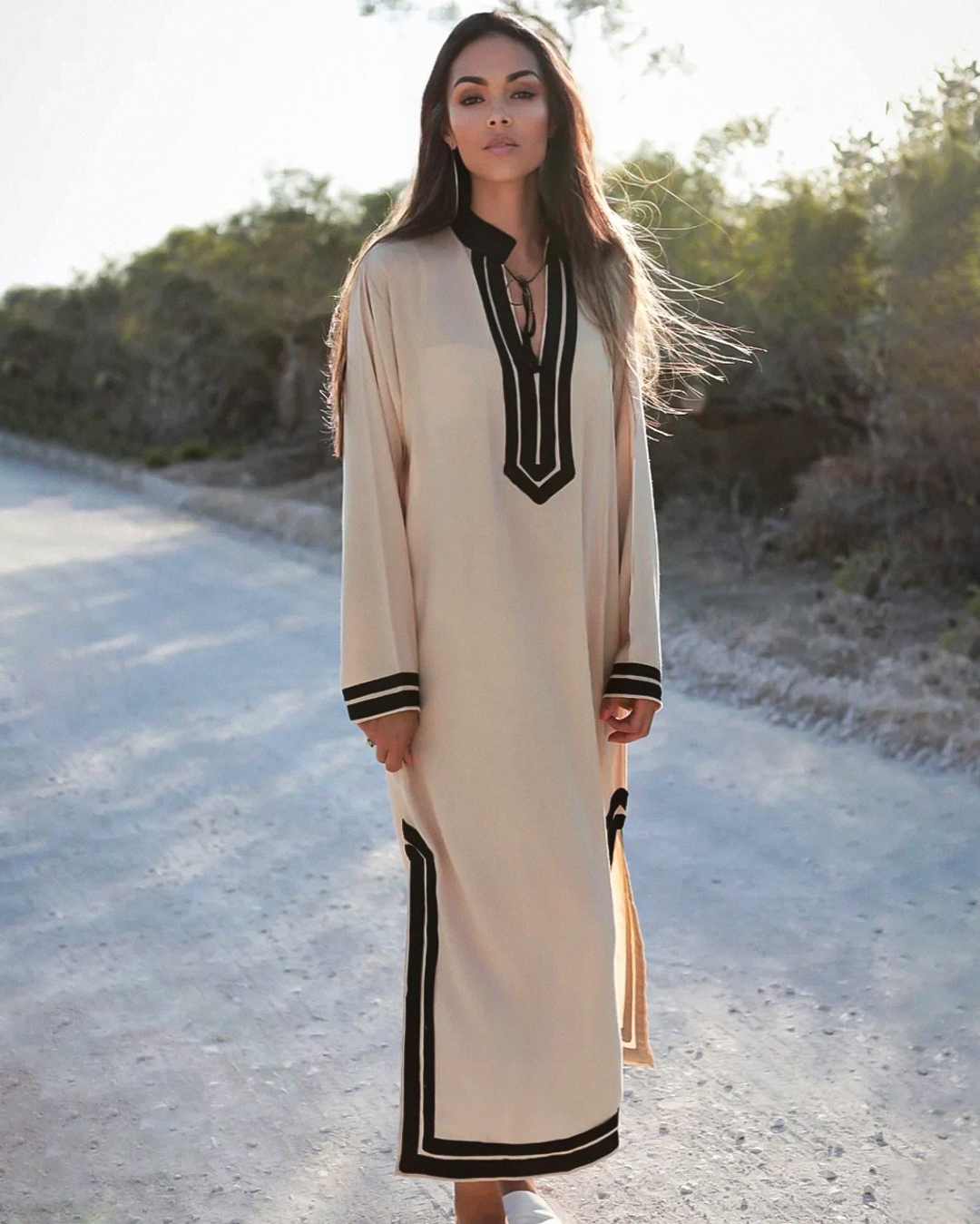 Gandoura – Robe Kaftan Beige Chic à Manches Longues