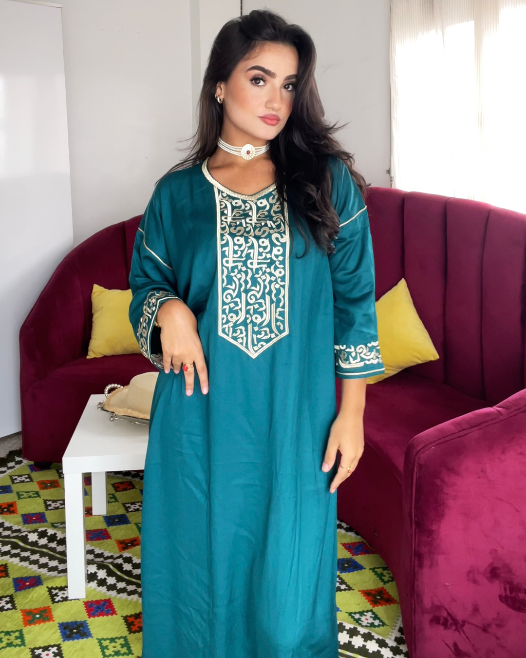Gandoura – Robe Arabica Bleu Pétrole avec Broderie Dorée