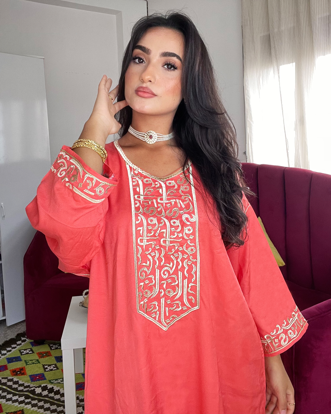 Gandoura – Robe Arabica Saumon avec Broderie Dorée