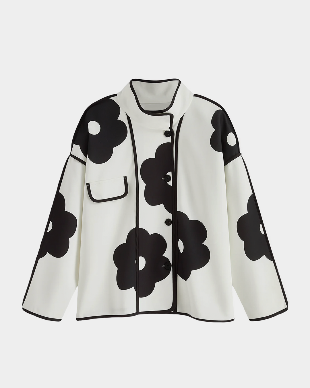 Chic High-Neck Floral Contrast Piping Jacket