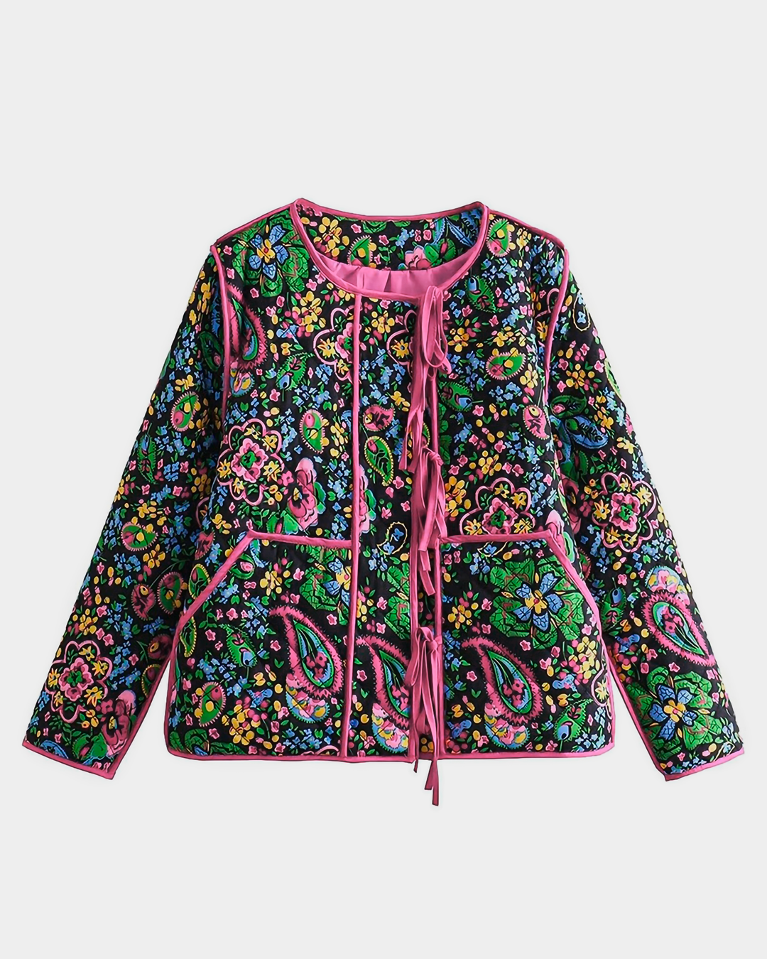 Chic Paisley Print Quilted Tie-Front Jacket