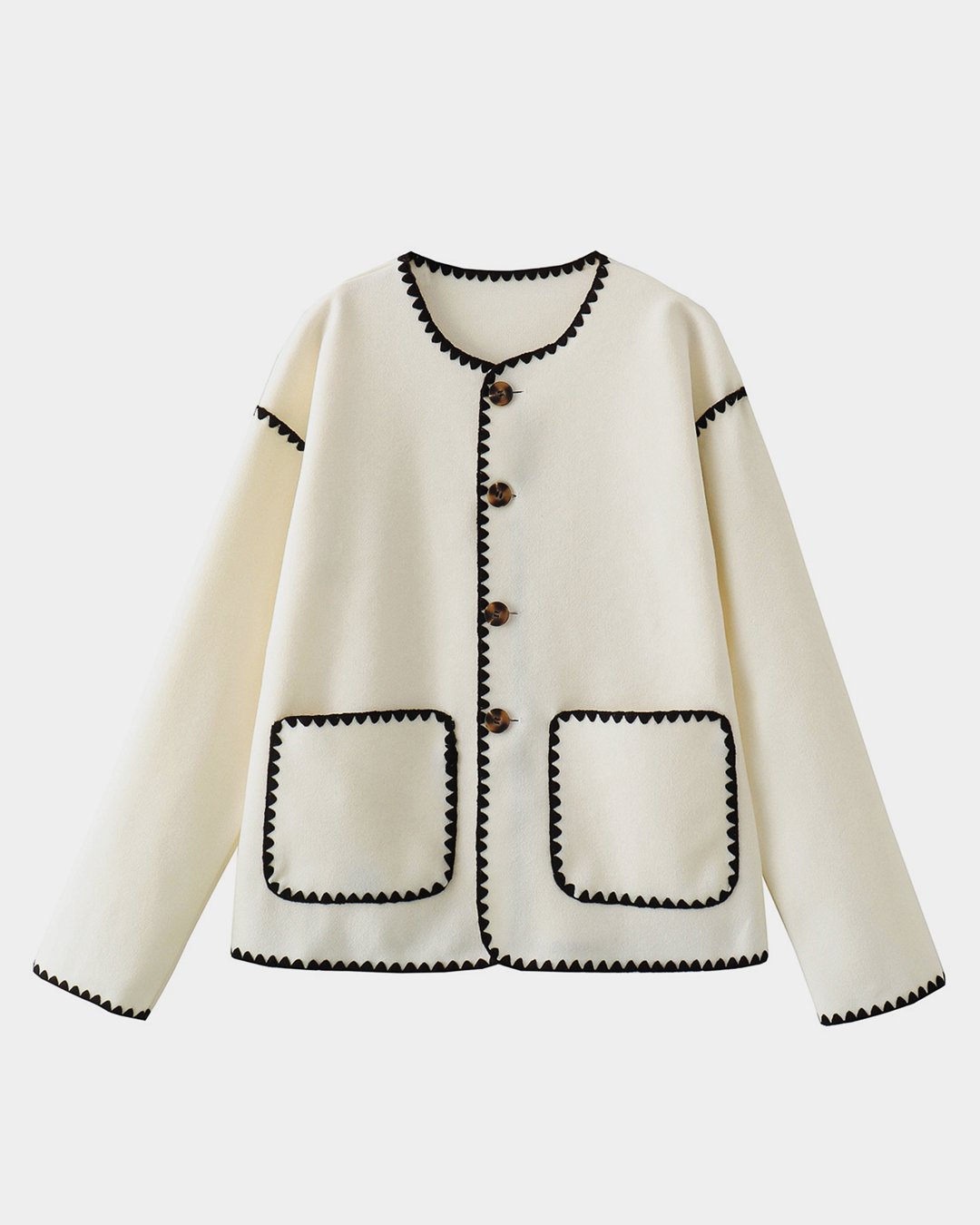 Contrast Trim Woolen Coat with Pockets