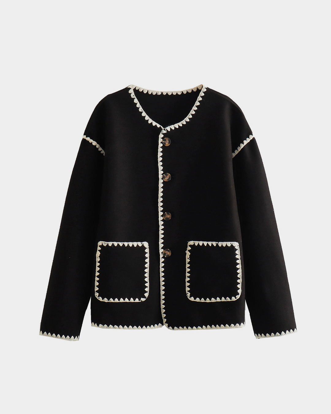 Contrast Trim Woolen Coat with Pockets