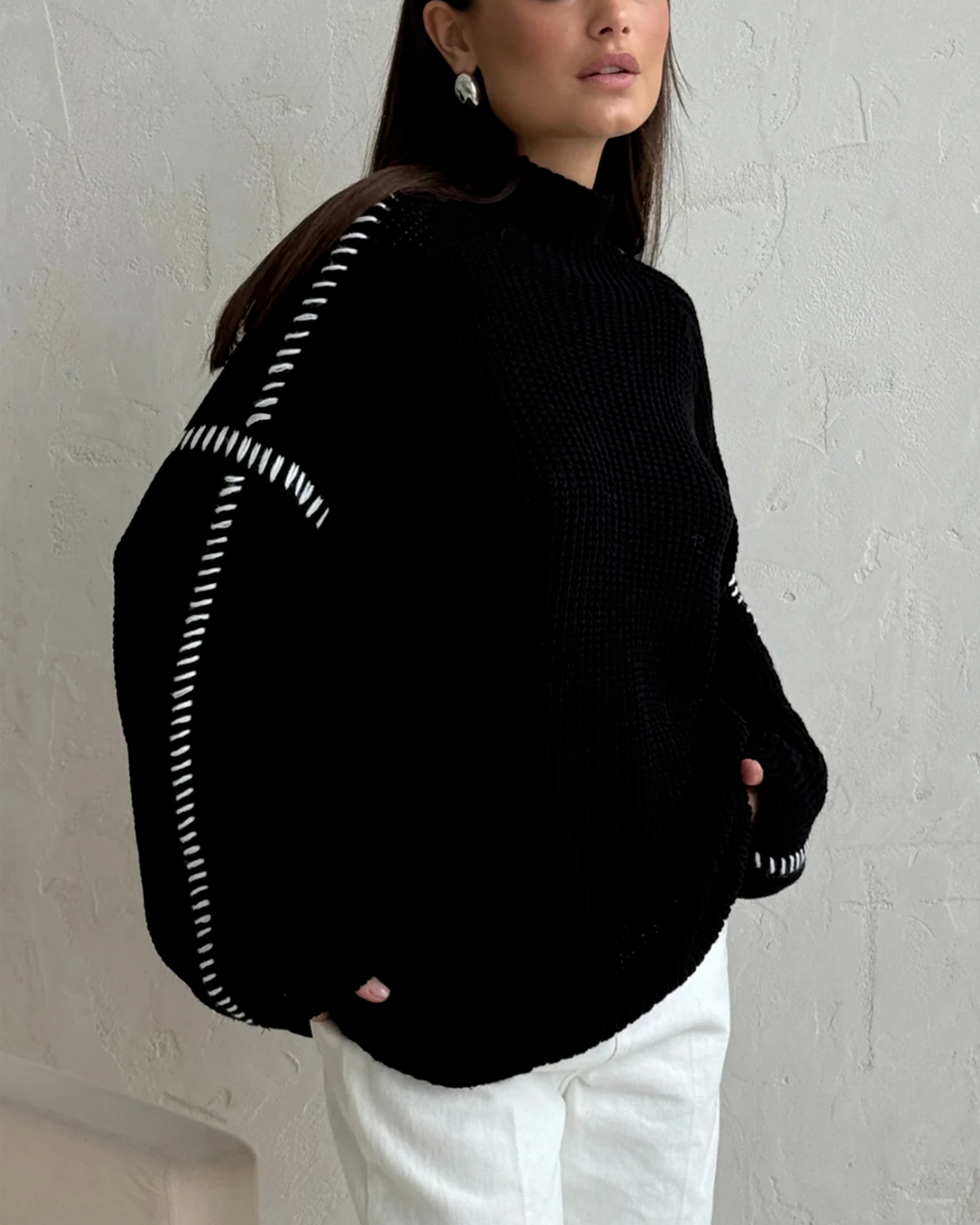 Patchwork Line Oversized Mock Neck Sweater