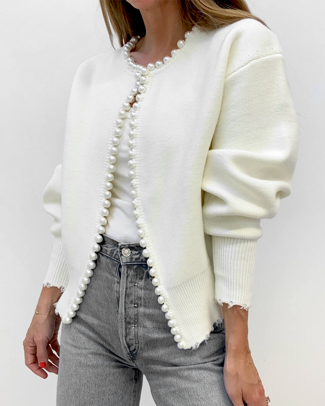 Pearl Trim Ripped Hem Cardigan