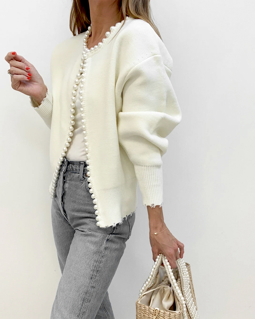 Pearl Trim Ripped Hem Cardigan